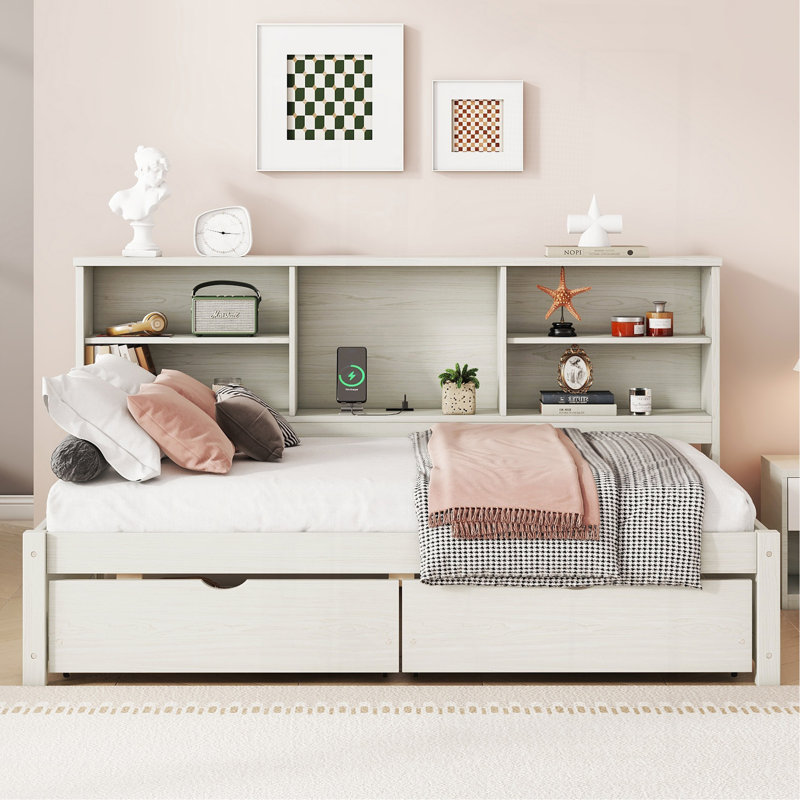 Cadre de lit simple avec tablettes latérales, deux tiroirs et port USB intégré pour une couleur blanc crème
