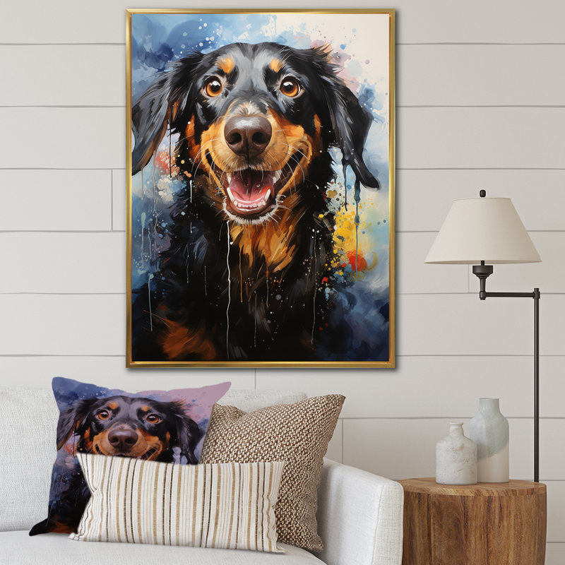 Teckel délice sur toile, Cadre flottant doré, H 32 po x l 16 po x P 1 po