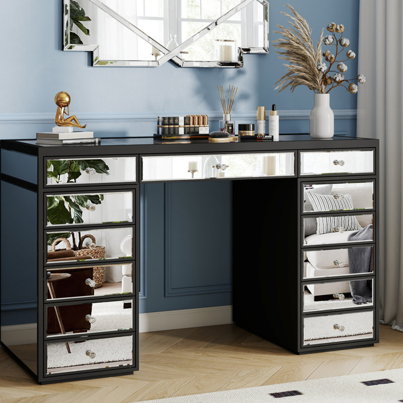 Ninian Vanity Dressing Table with 13-Drawers Glass top 130cm Wide, Black