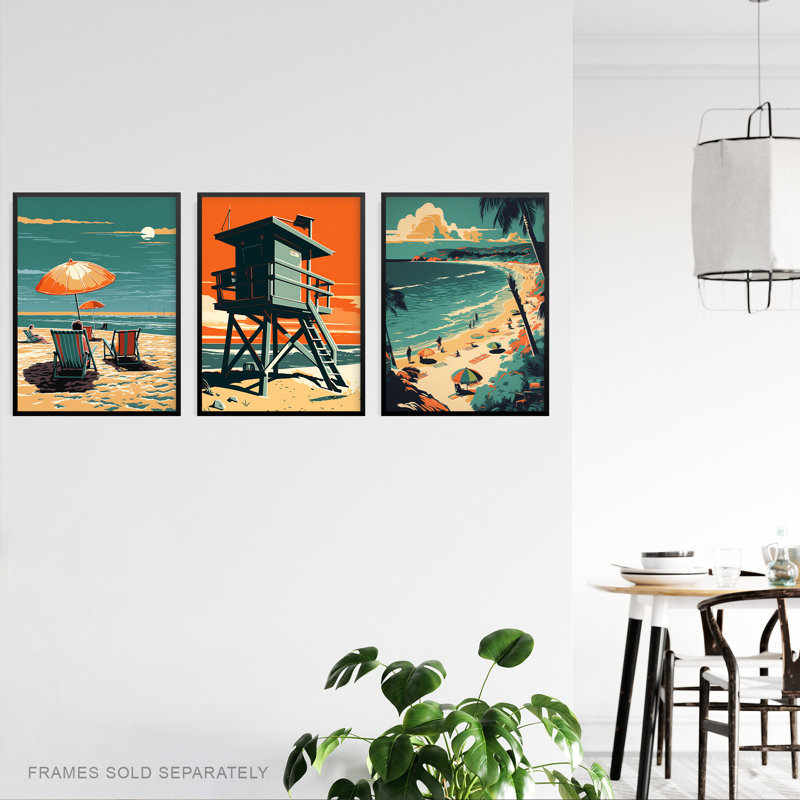 Coastal Landscapes Artwork Orange Teal Summer Beach Holiday 3 Piece Wall Art, 40.5cm H x 30.5cm W x 0.3cm D