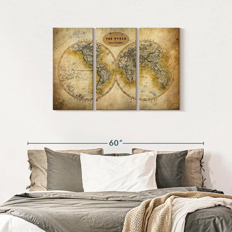 Découvrez la carte du monde sur toile, ensemble de 3 pièces, H 28 po x l 45 po x P 1,25 po
