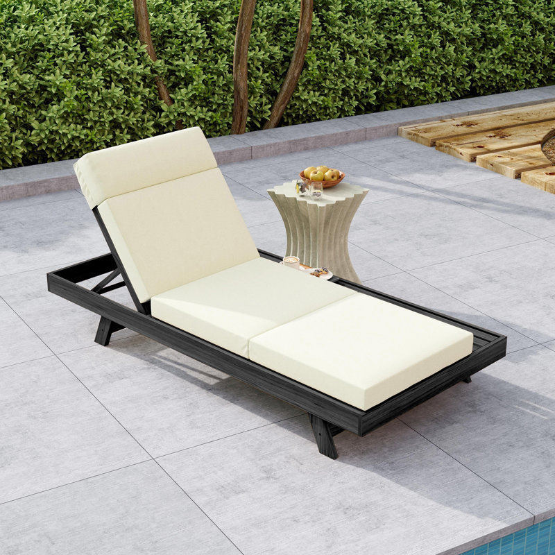 Lounge Chaise Set With Headrest, Space Available On One Side, Acacia Wood In Black With Water-Resistant Lounge Cushions (3-Fold & 4 Inch)
