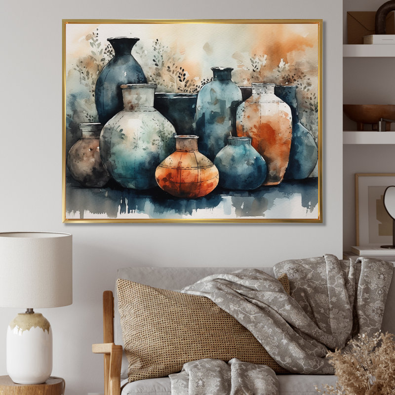 Art mural bleu et orange Kamani - art mural Boho Pottery II, H 16 po x l 32 po x P 1 po, Cadre flottant doré
