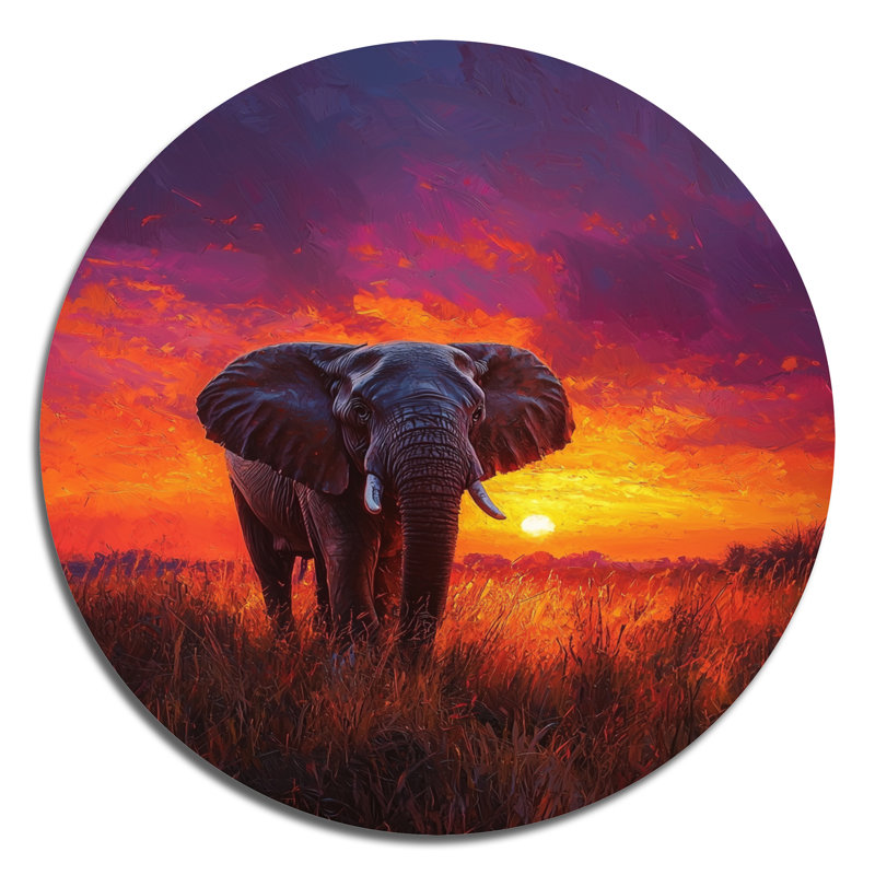 «Elephant In The Sunset Glow», décoration murale ronde en métal, impression d'art moderne en métal jaune, H 16 po x l 16 po