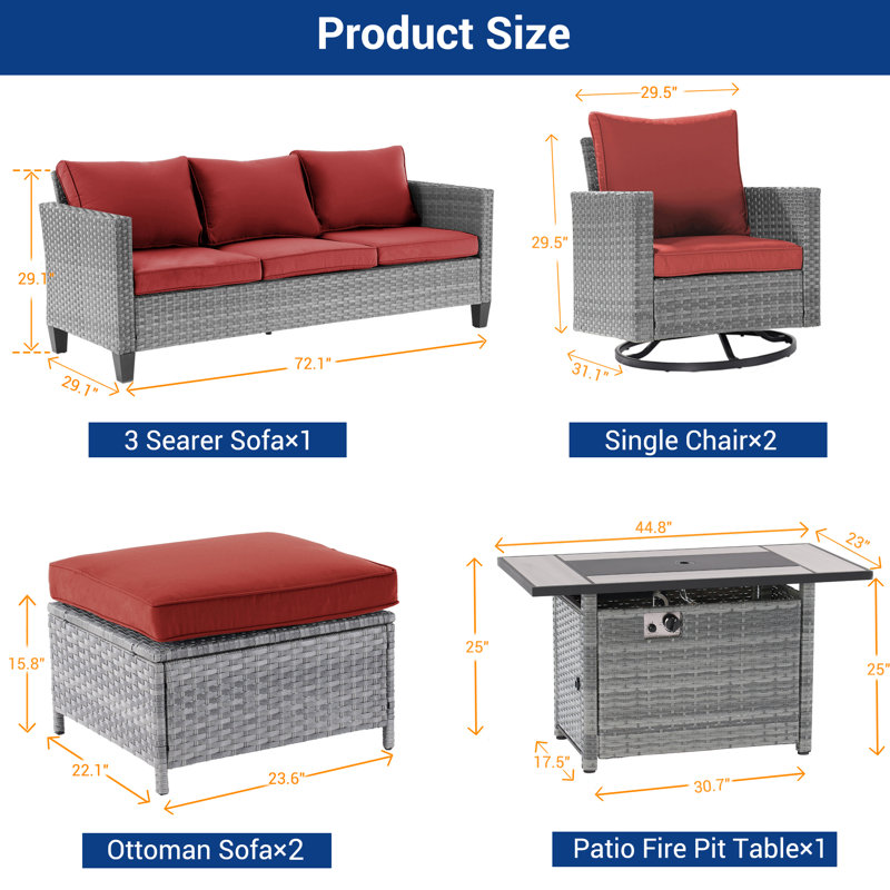 Ensemble de canapés de patio 6 pièces avec table de foyer 45 po, chaises berçantes pivotantes en osier de rotin PE pour patio, terrasse et cour
