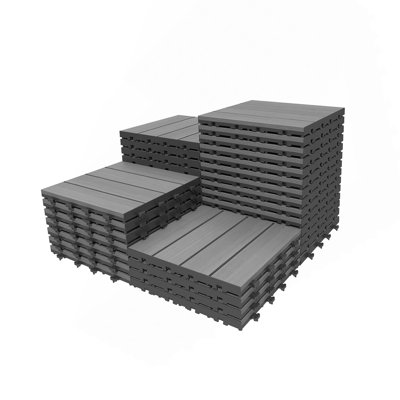 36-Pack 12" x 12" Interlocking HDPE Outdoor Deck Tiles, Waterproof Patio & Poolside Flooring, Dark Grey