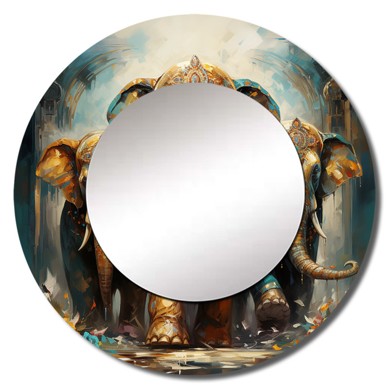 Semion Asian Art, éléphants thaïlandais X - miroir décoratif d'art asiatique, miroir mural rond gris, 36 po x 36 po