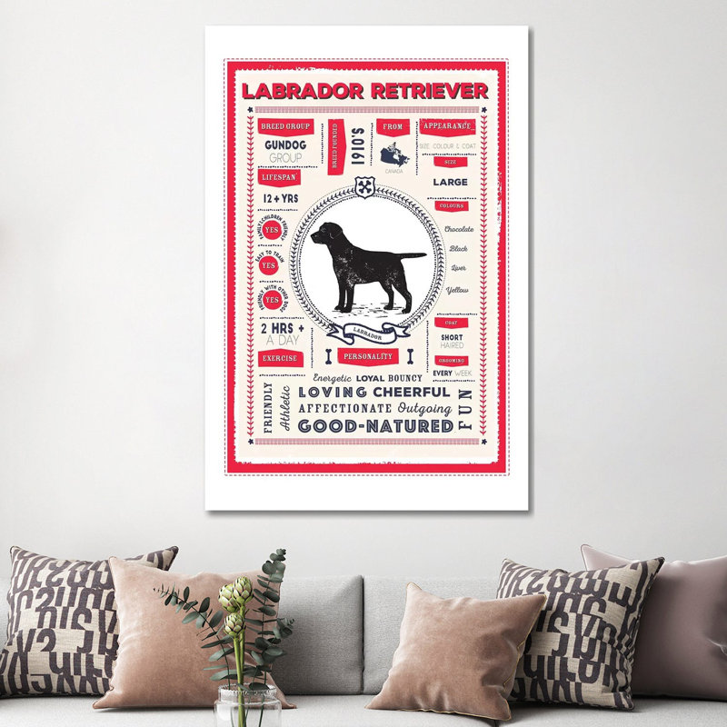 Labrador Retriever Infographic Red by PaperPaintPixels - Wrapped Canvas Print, 152.5 cm H x 101.5 cm W