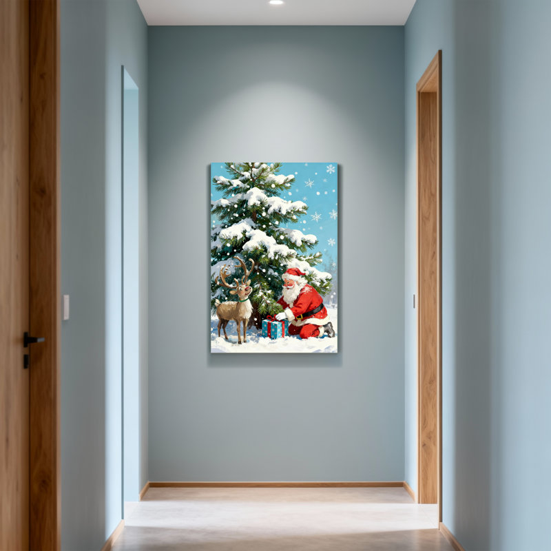 Noël, père Noël et renne dans une scène enneigée, H 36 po x l 24 po