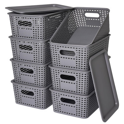 Plastic Storage Baskets With Lid - Plastic Storage Containers Stackable Storage Bins,Storage Baskets For Organizing Shelves Drawers Desktop Closet Pla