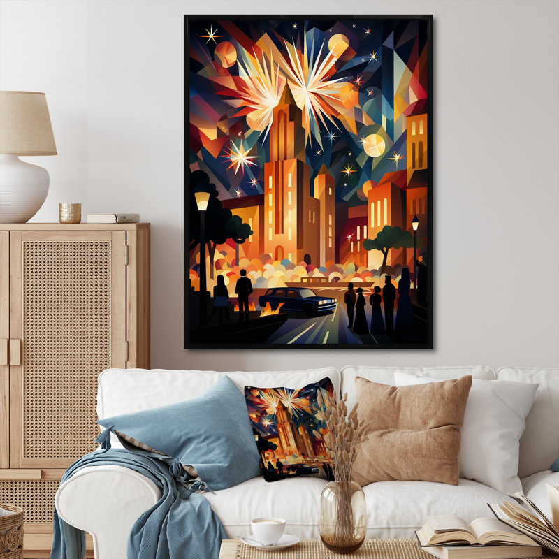 Cubic Sunset Cityscape - City Art Deco Wall Art, Cadre flottant noir, 32" H x 16" W