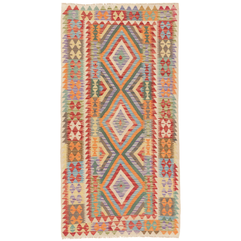 Rectangle 103 cm x 200 cm Geometric Wool Hand Woven Kilim Area Rug