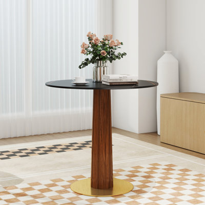 Table de salle à manger moderne en pierre frittée 33,5 po avec pieds en bois et base dorée Modern Modern