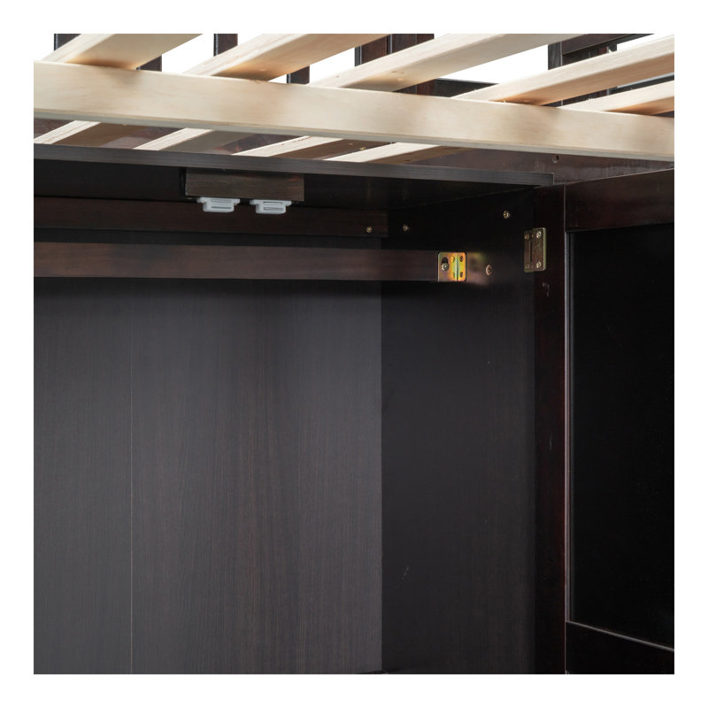 Lit mezzanine double avec bibliothèque, tiroirs, bureau et armoire-espresso, Lit double, Espresso