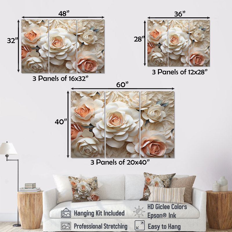 Ensemble de salon Minimalisme Beige Roses Passion - Roses, Toile tendue, H 32 po x l 48 po x P 1 po