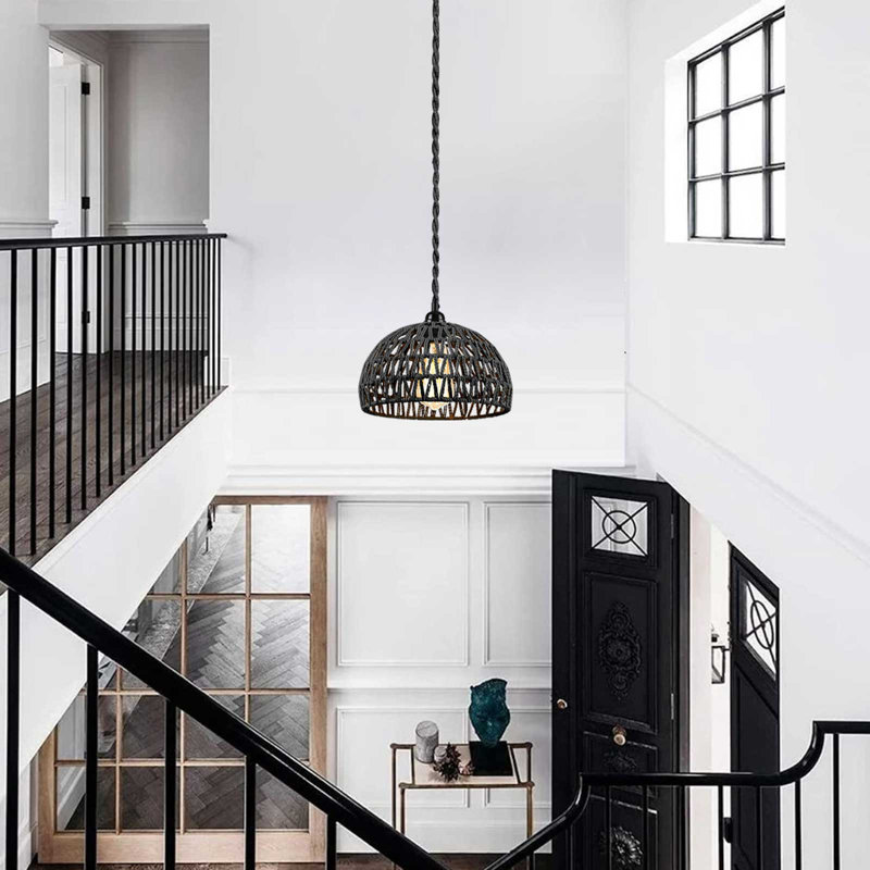 1 - Light Dome Pendant with Rope Accents, Black