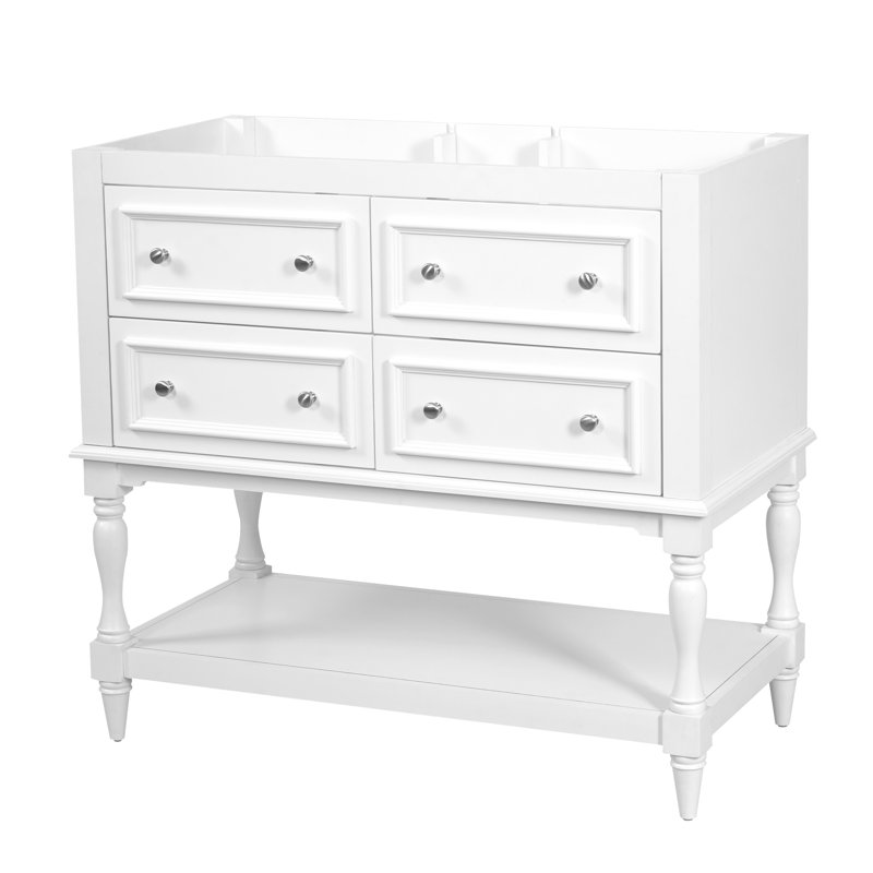 Armoire de meuble-lavabo sur pied 36 po, 4 tiroirs, structure en bois massif, finition blanche, design moderne, sans lavabo inclus