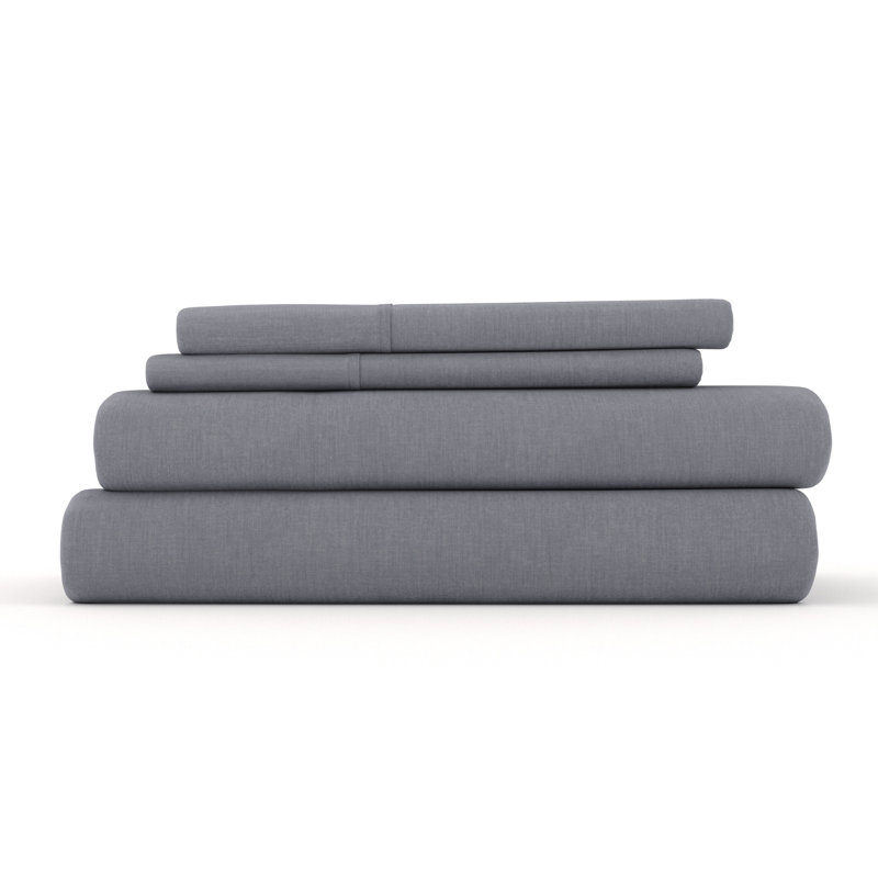 Linen Bamboo-Blend Breathable Luxury Bed Sheet Set, Cal.King Sheet Set + Fitted Sheet + 2 Pillowcases, Gray