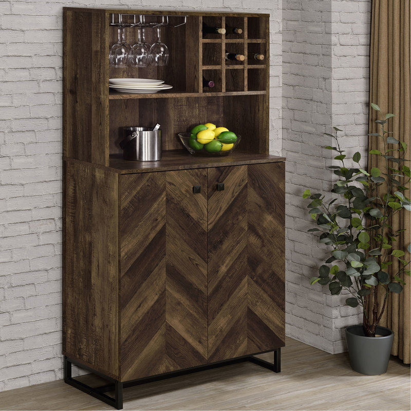 Transitional Style 2-Doors Wine Cabinet, Rustic Oak Finish, Herringbone Front, Bottle Storage, Stemware And Gunmetal Hardware For Dining Design, Pattern, , Industrial