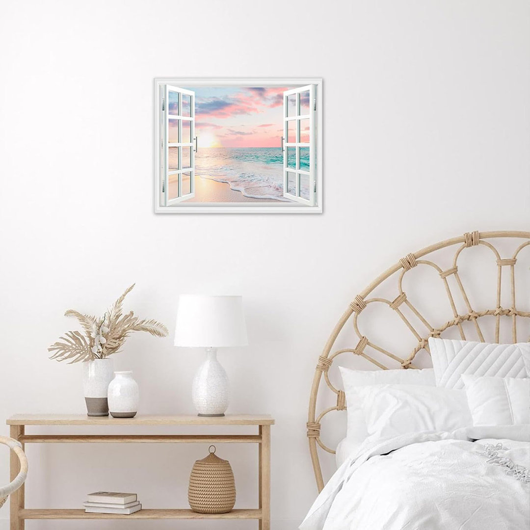 Ocean Beach Wall Art For Living Room, Blue Ocean Pink Sky Window Coastal Landscape Canvas Wall Art Nature Seascape Artwork For Bedroom Bathroom Office