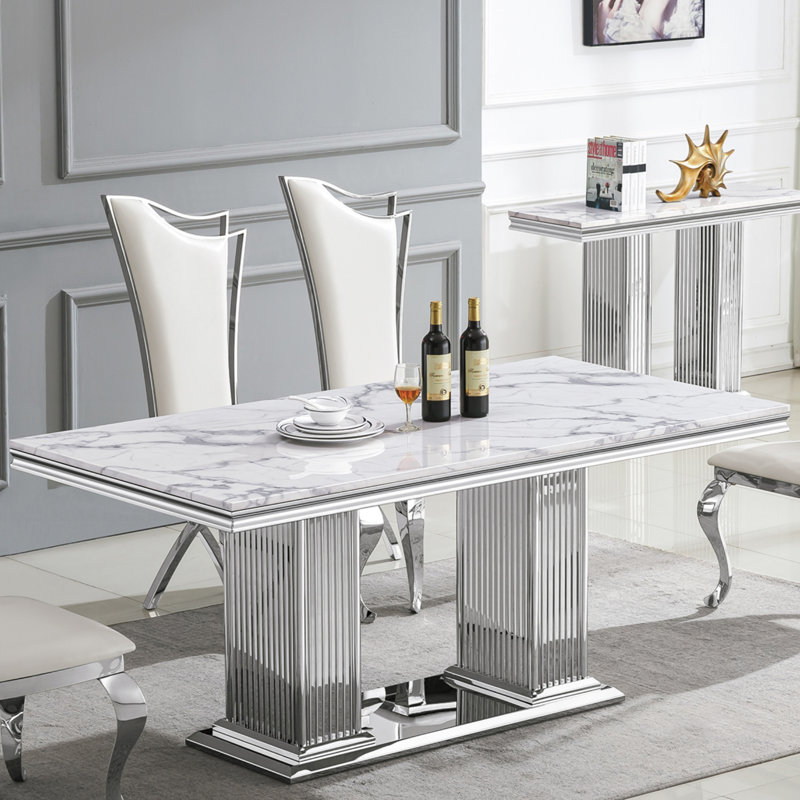 Granit Unfinished Metal Base Dining Table, White, Silver