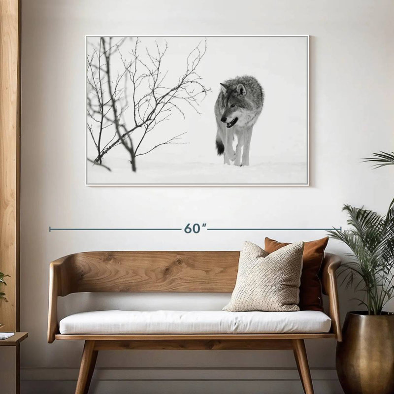 Chasse au loup d'hiver, 46 po x 31 po, Cadre flottant blanc
