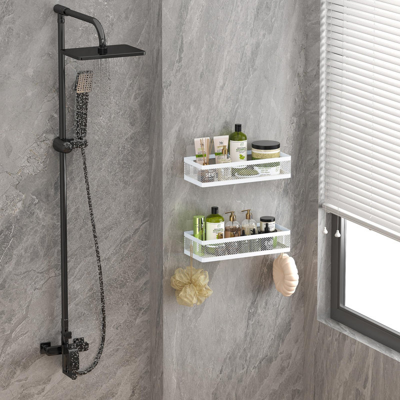 Panier de douche mural en filet, organisateur de salle de bain adhésif robuste, blanc - Paquet de 2 (filet), White