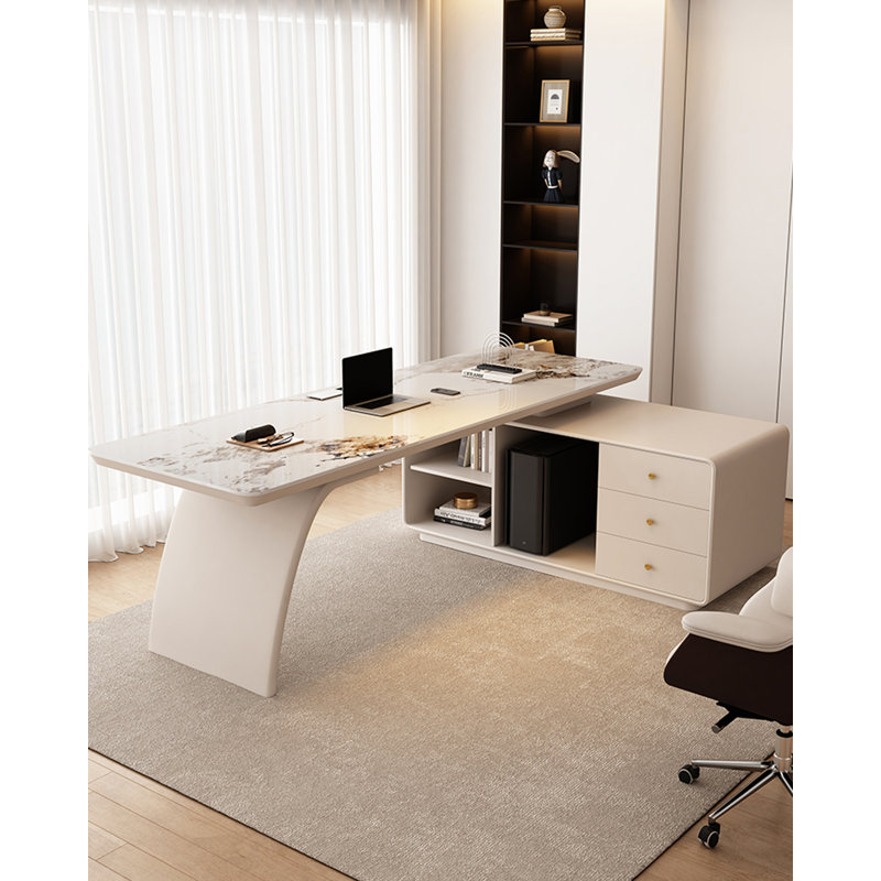 Bureau en L en pierre agglomérée de luxe italien avec armoire de rangement, H 29,53 po x l 70,87 po x P 47,24 po