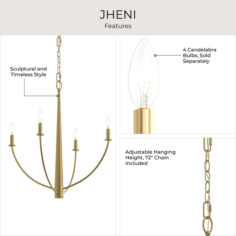 Jheni Four-Light Brushed Gold Chandelier, Brushed Gold, 24