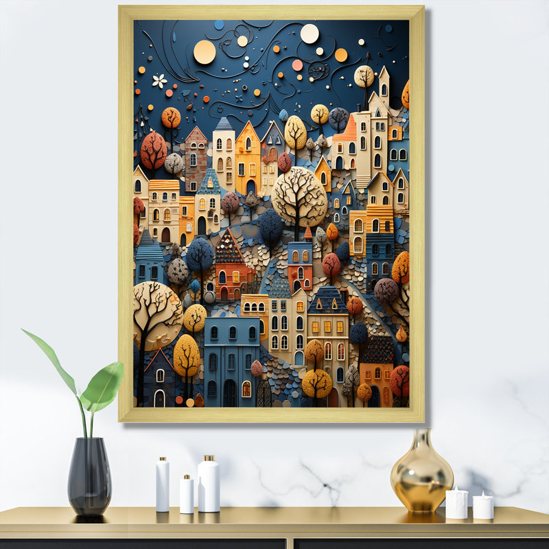 Collage sur toile bleu et jaune Mystic City, H 32 po x l 16 po x P 1 po, Encadrement doré