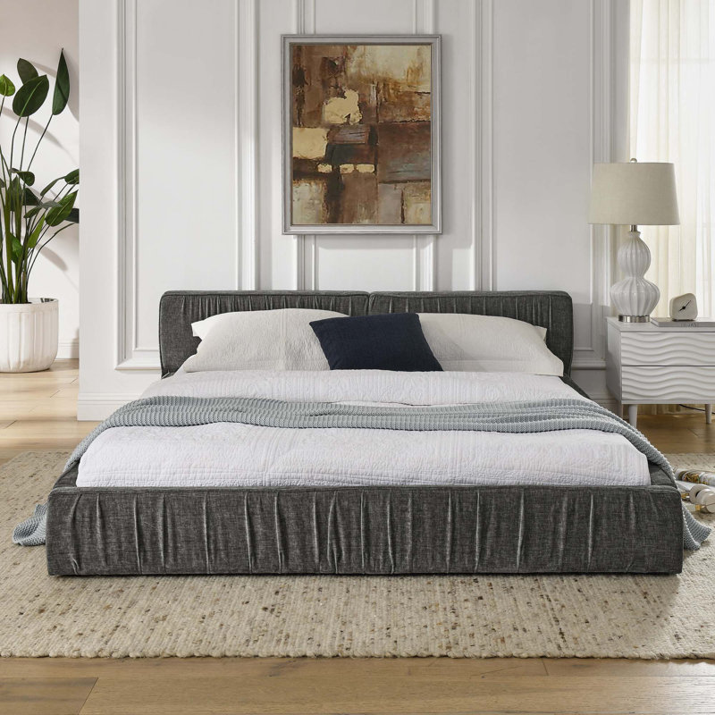 Queen Size Upholstered Bed Frame With Chenille Fabric, Dark Gray