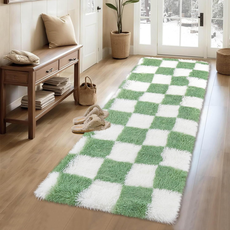 2x6 Runner Rug - Machine Washable, Non-Slip, Stain-Resistant Checkerboard Plush Carpet for Hallways, Entryways, Bedrooms