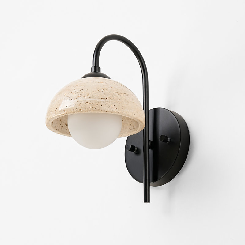 Bangor Modern Farmhouse Black & Gold 5" Column Natural Travertine Wall Sconce, Dome 