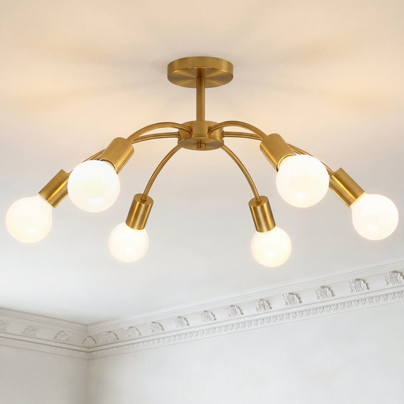 6-Light 22" Dimmable Sputnik Semi Flush Mount Light, Antique Gold