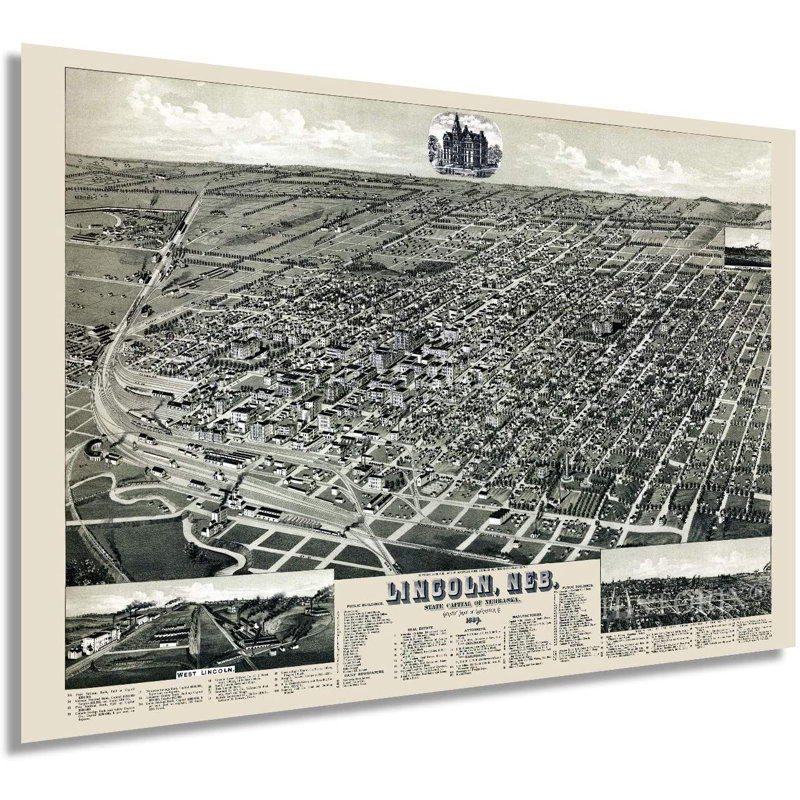 Carte rétro du Lincoln Nebraska de 1889 - impression d'art graphique sans cadre sur papier, H 24 po x l 36 po x P 0,1 po