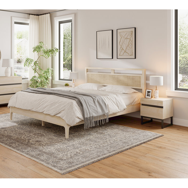 Ensemble de chambre à coucher 3 pièces, cadre de lit queen avec tête de lit en rotin et 2 tables de chevet, beige, Beige