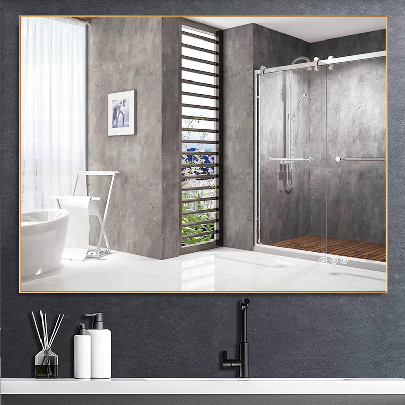 Addasyn Rectangular Modern & Contemporary LED Light Anti-Fog Bathroom Glass Hanging Mirror, Gold, 24" x 32"