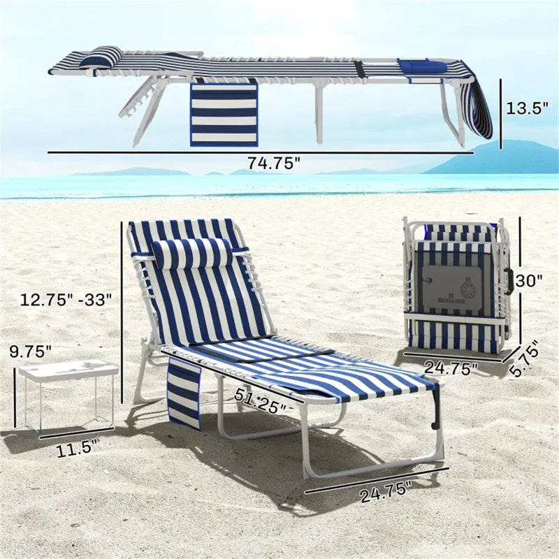 Beach Chair With Face & Arm Holes, 5-Position Adjustable Patio Lounger With Headrest