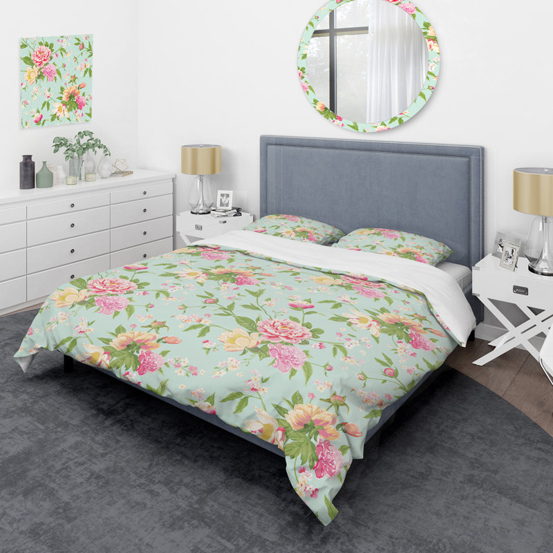 Ensemble de housse de couette rétro fleur et vert - Polyester en microfibre, Twin Duvet Cover + 2 Standard Shams