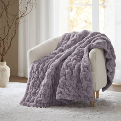 Solid Ruched Faux Fur Lavender Gray 50x60" Reversible Throw