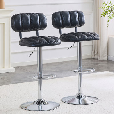 Ensemble de 2 tabourets de bar à hauteur ajustable, revêtement en cuir de polyuréthane noir avec base et repose-pieds chromés, sièges confortables modernes pour divers espaces