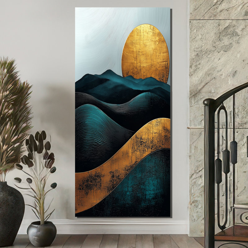 «Graue Sunrise On Golden Emerald Mountains Horizon III», art mural montagnes pour le salon, H 60 po x l 28 po, Toile tendue