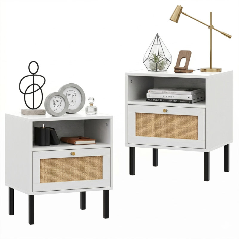 Aimara Rectangular Nightstand with Rattan Door, White, Set of 2