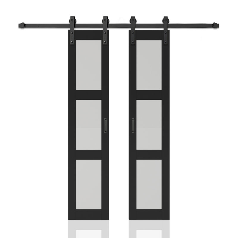 Porte de grange coulissante double en verre trempé givré 3-Lite avec poignée, 36 po x 84 po, Noir
