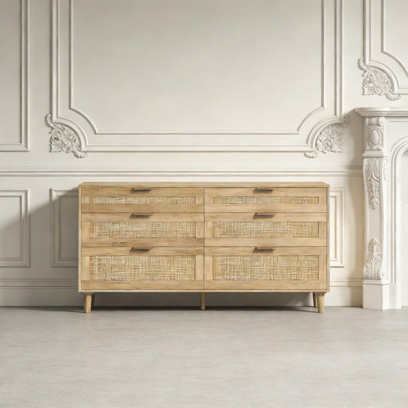 Commode en rotin avec 6 tiroirs, commode de rangement moderne en bois naturel pour la chambre à coucher, le salon ou le couloir