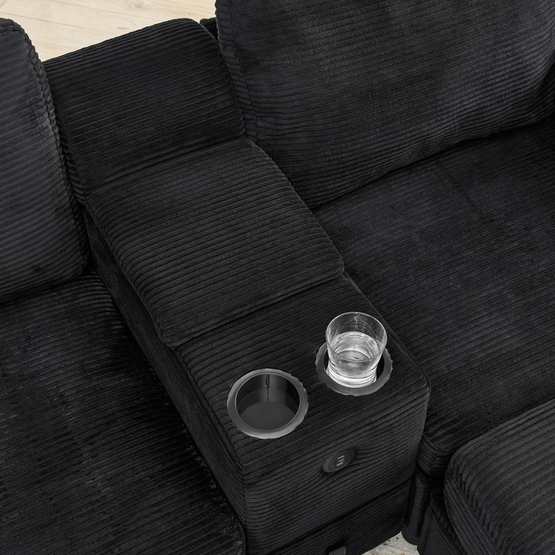 Canapé modulaire moderne en L avec rangement tout-en-un, poches d'accoudoirs de rangement latérales, console centrale avec porte-gobelet, repose-pieds avec rangement relevable, siège confortable à plusieurs places - noir