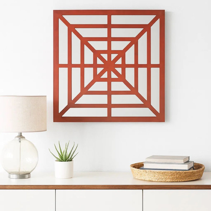 Wooden Wall Decor with Concentric Square Design on Top, Red and Silver