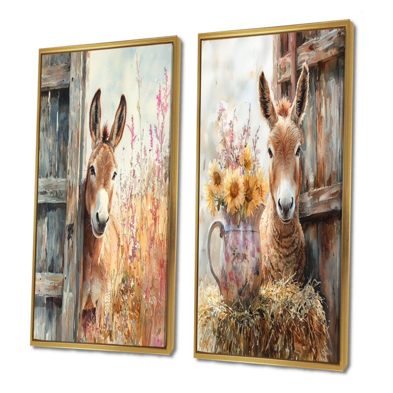 Portrait d'âne du doux voyageur II - collection d'art mural animaux 2 pièces, Cadre flottant doré, H 40 po x l 41 po