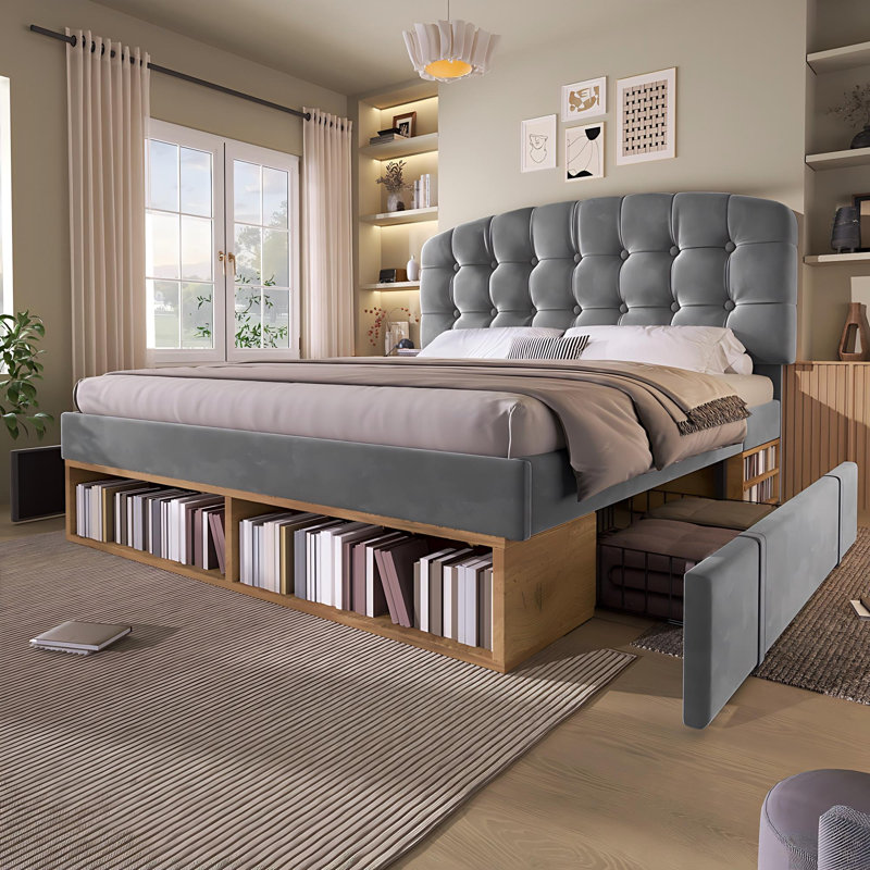 Upholstered Storage Bed, Double (4'6), Grey