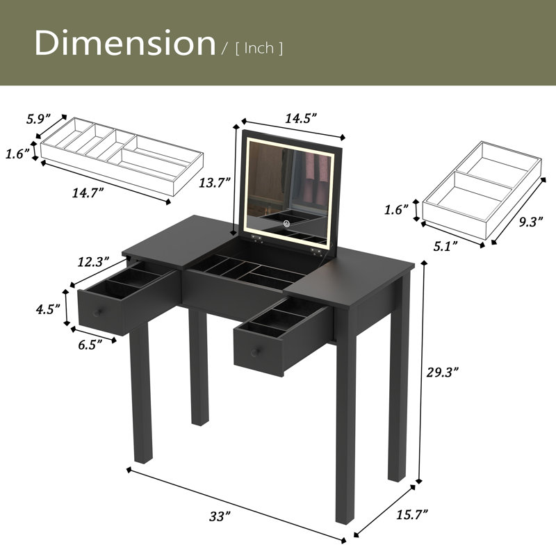 Bureau de coiffeuse multifonctionnel avec éclairage réglable à 3 niveaux avec miroir rabattable et rangement Table de maquillage profonde 15,75 po 2 tiroirs et 3 boîtes de rangement amovibles Bureau à domicile compact